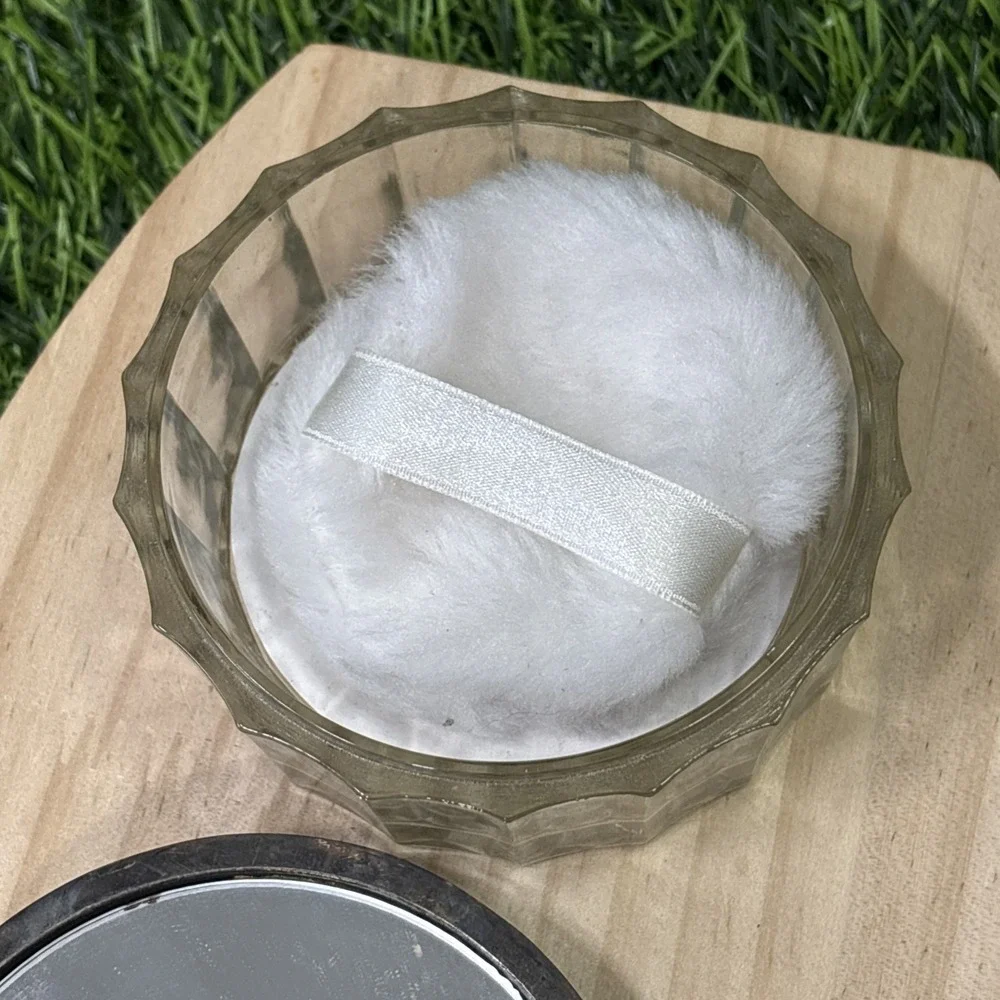 Vintage Pressed Glass Powder Jar Silver Plated Repoussé Lid Vanity Dresser Box